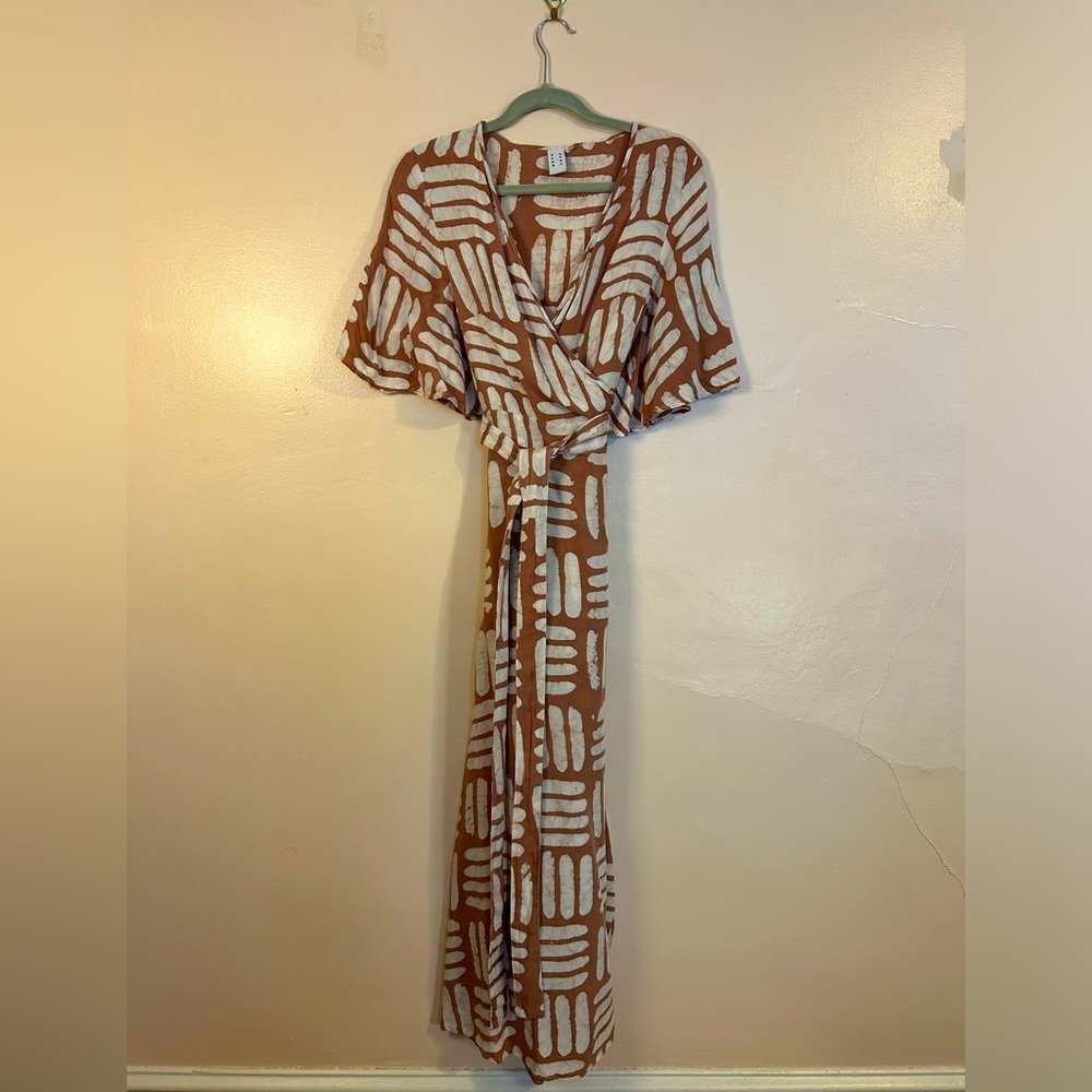 Osei Duro Tan and White Maxi Wrap Dress